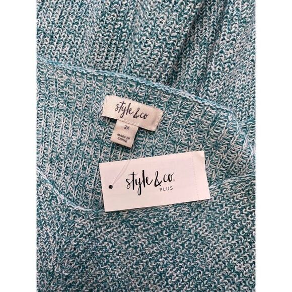 Style & Co Plus Size Sweater Top Women's 2X Green White V-Neck Oversized Relaxed - Picture 7 of 8